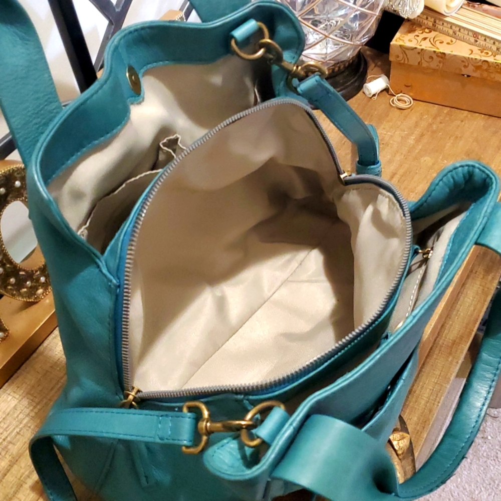 American Leather Co. Ada Triple Entry Leather Crossboy Satchel Deep Lake, Teal - Picture 9 of 12